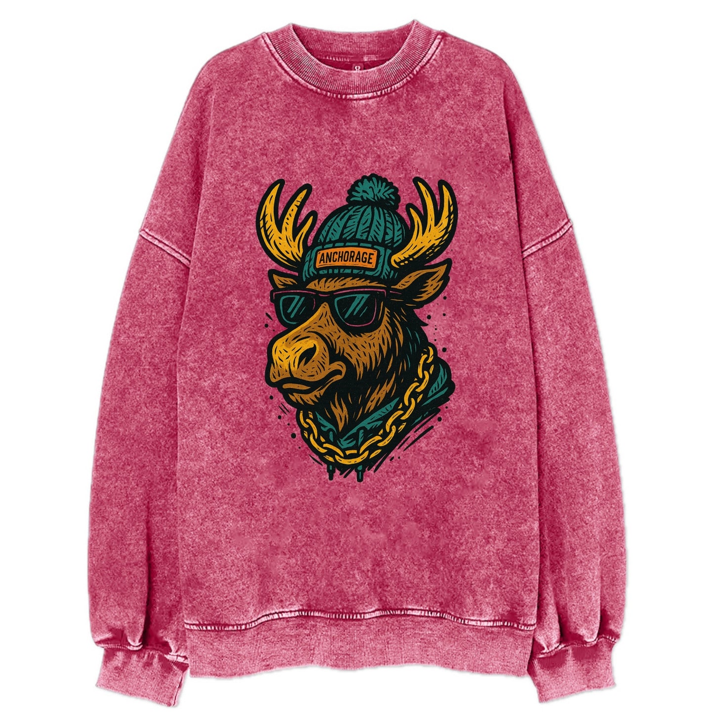 Alaska Moose wearing Anchorage beanie with pom pom and wayfarer sunglasses - Vintage Sweatshirt - Pink