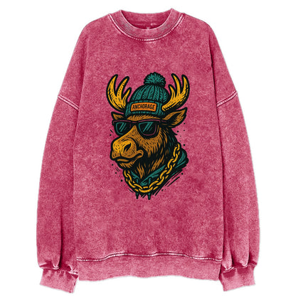 Alaska Moose wearing Anchorage beanie with pom pom and wayfarer sunglasses - Vintage Sweatshirt - Pink