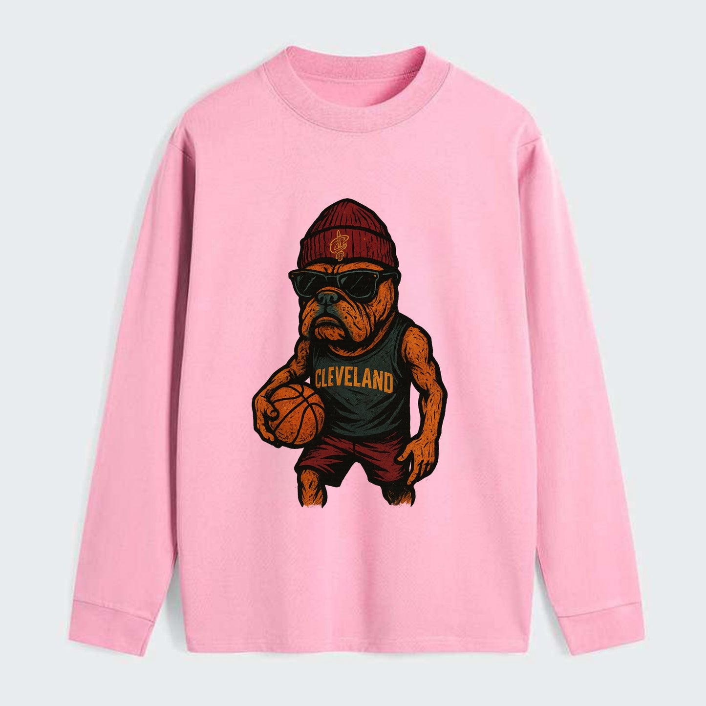 Cleveland Bulldog wearing Cavaliers wine and gold beanie with sword - Classic Long Sleeve Shirt - Pink