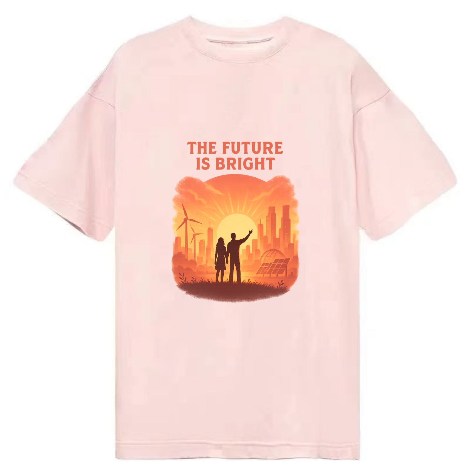 Sunrise over thriving sustainable city - "The Future is Bright" - optimistic - Classic T-shirt - Pink