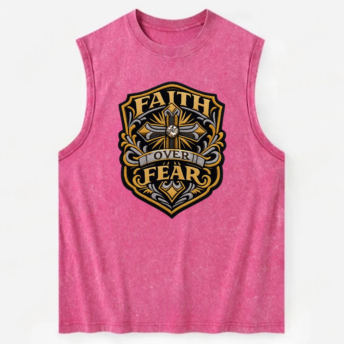 FAITH OVER FEAR - cross with text in gold , spiritual strength - Vintage Washed Tank - Pink