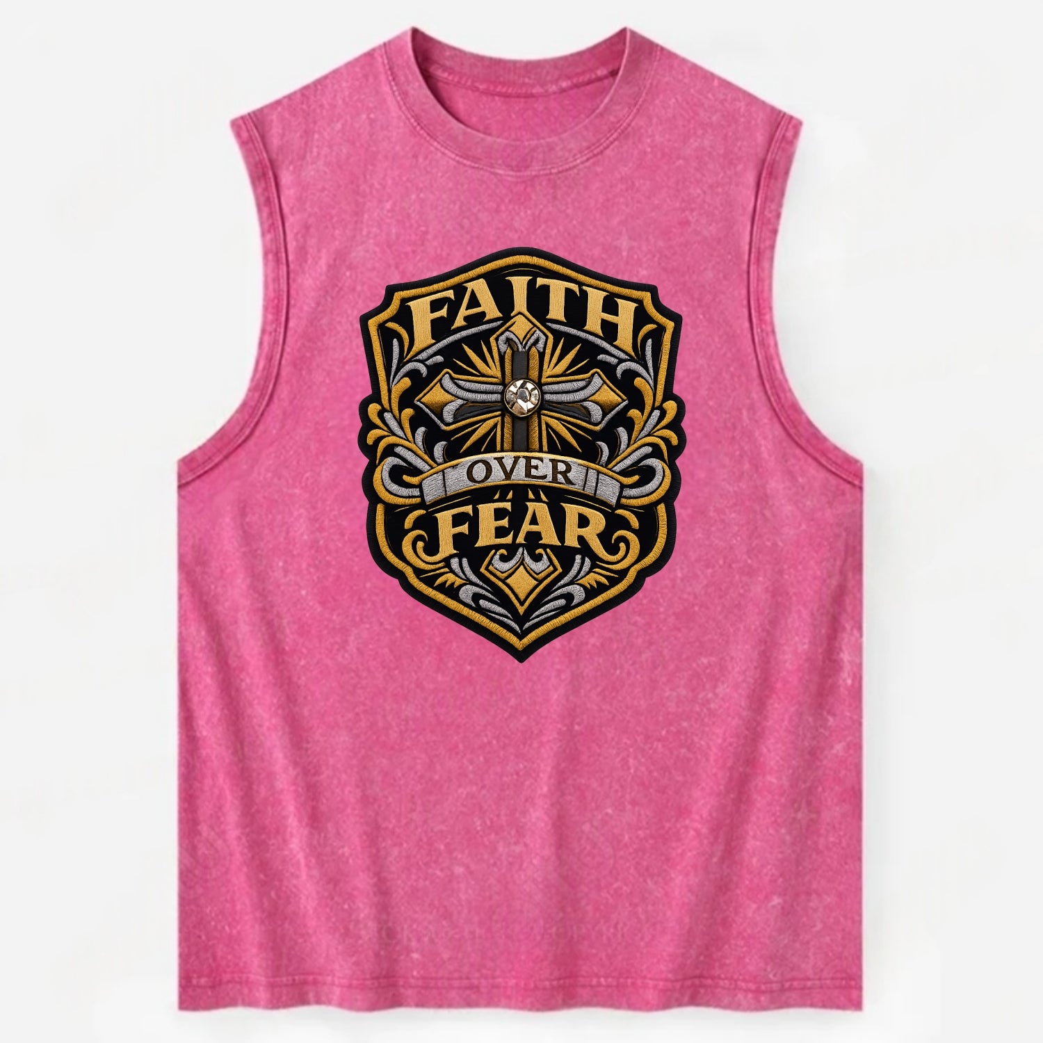 FAITH OVER FEAR - cross with text in gold , spiritual strength - Vintage Washed Tank - Pink