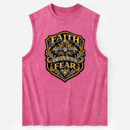 FAITH OVER FEAR - cross with text in gold , spiritual strength - Vintage Washed Tank - Pink