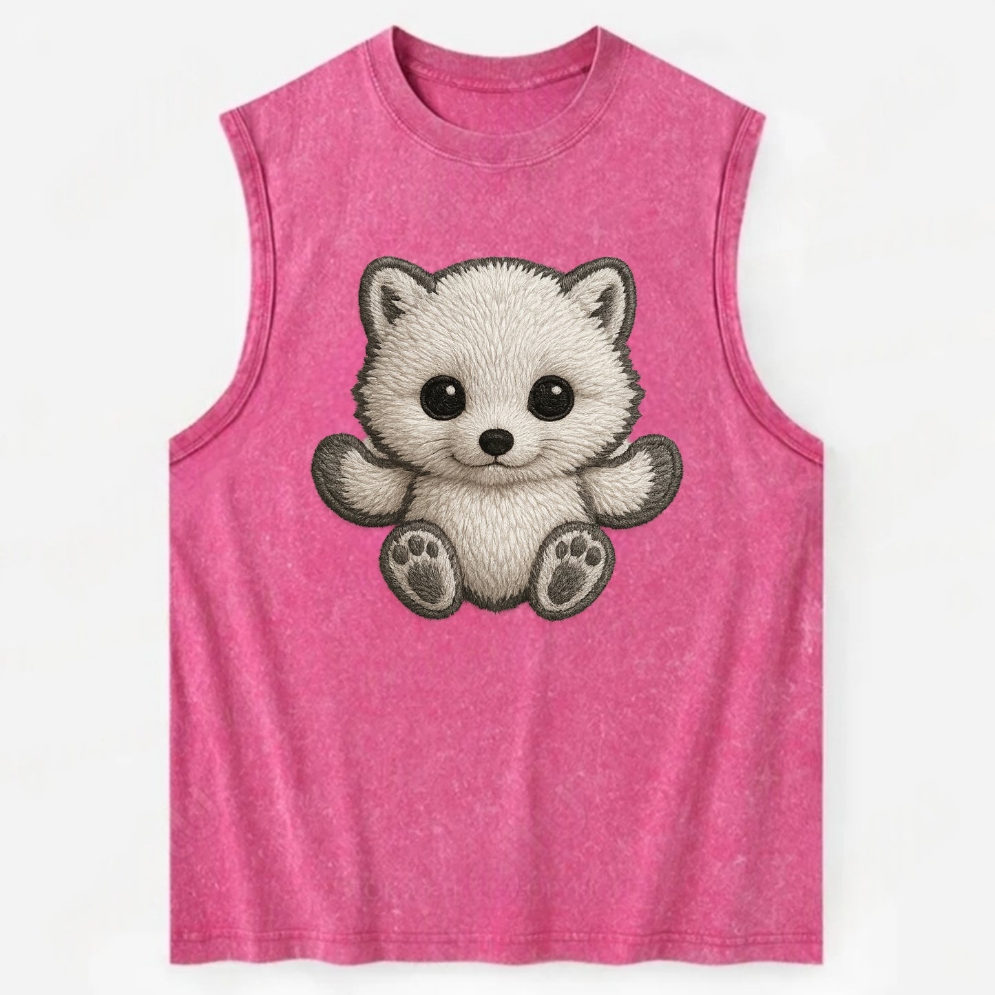 Baby Arctic Fox - white fluffy, tiny black nose, bright curious eyes, - Vintage Washed Tank - Pink