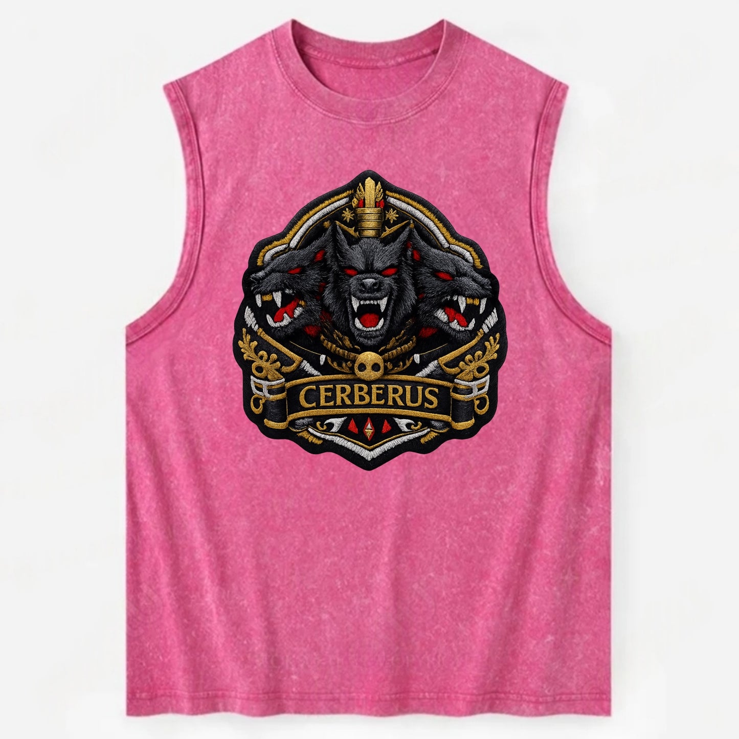 CERBERUS THREE HEADS - triple hound in black and red , underworld - Vintage Washed Tank - Pink