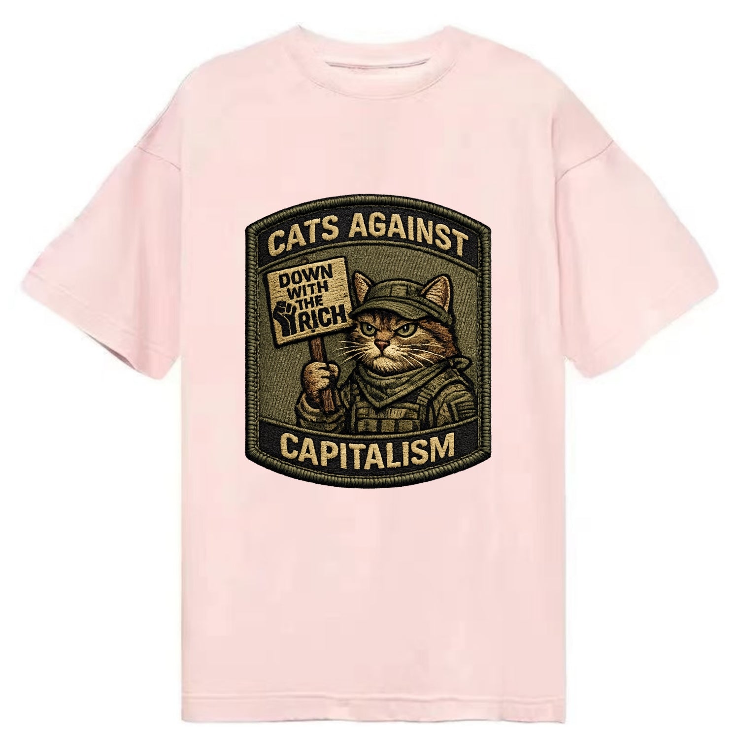 CATS AGAINST CAPITALISM - cat with protest sign in red , political cat - Classic T-shirt - Pink