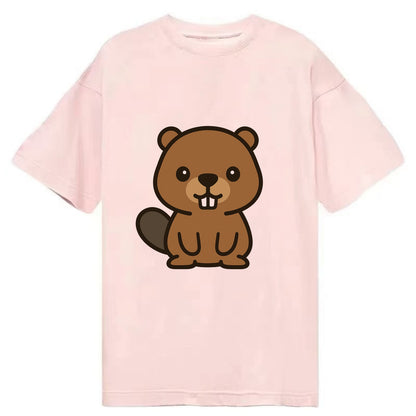 Baby Beaver - brown fur, paddle tail, buck teeth, friendly eyes, front-facing, - Classic T-shirt - Pink