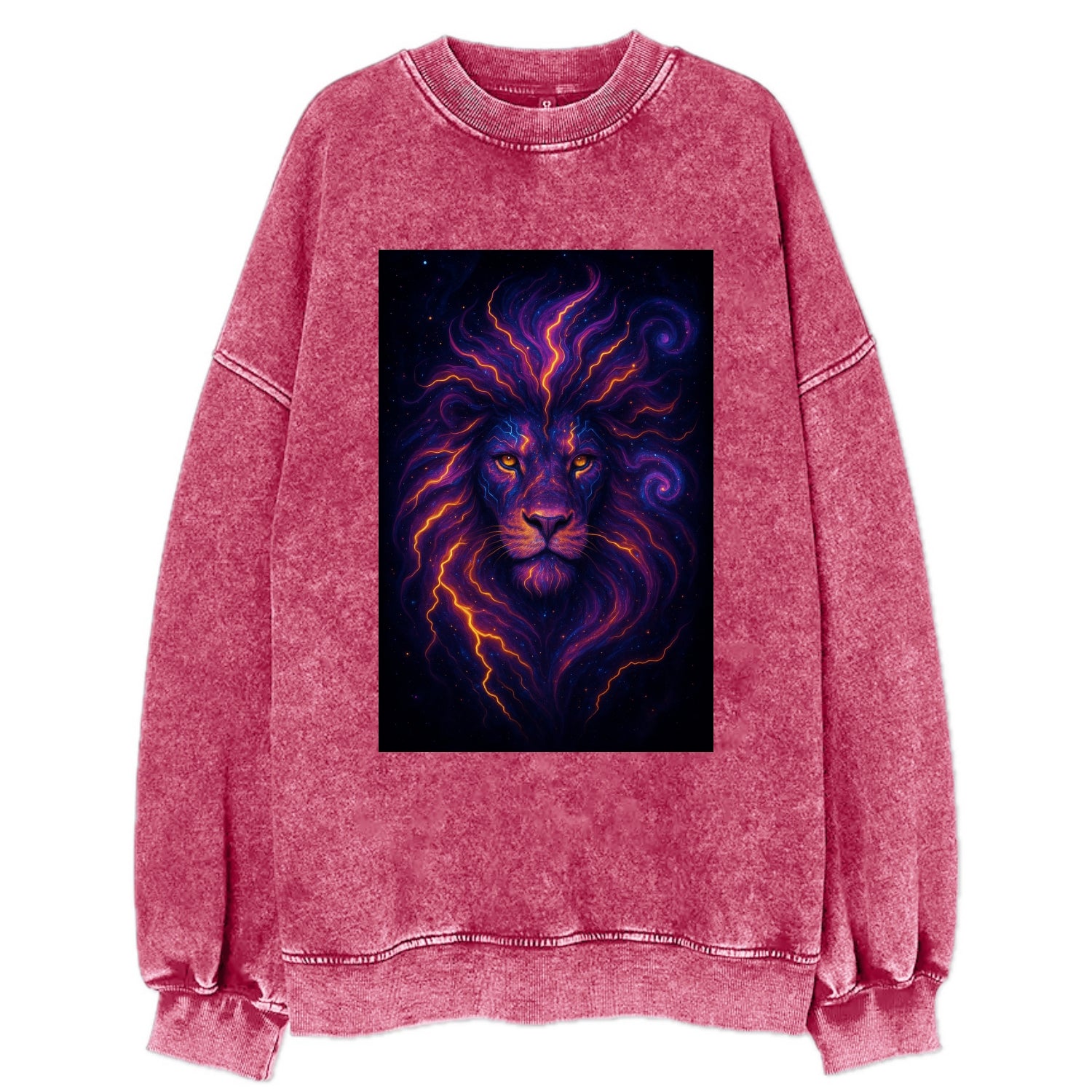 Regal lion with mane made of electric currents, neon yellow and hot pink - Vintage Sweatshirt - Pink