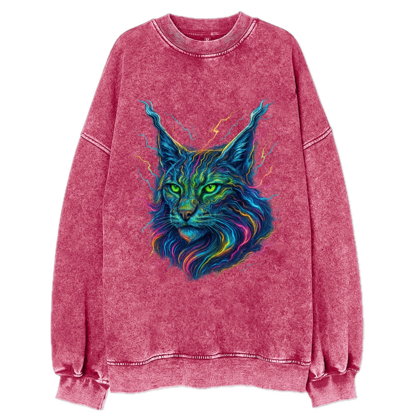 Wild lynx with ear tufts transforming into liquid mercury flows, silver and - Vintage Sweatshirt - Pink