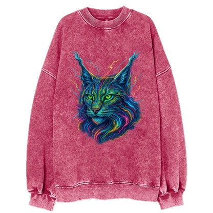Wild lynx with ear tufts transforming into liquid mercury flows, silver and - Vintage Sweatshirt - Pink