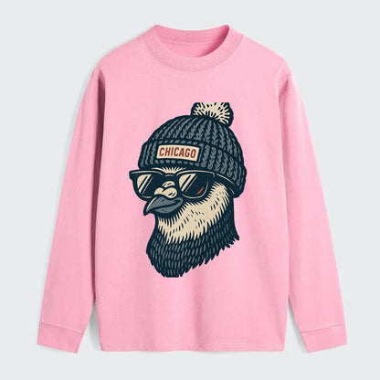 Chicago Pigeon wearing Chicago beanie with pom pom and wayfarer - Classic Long Sleeve Shirt - Pink