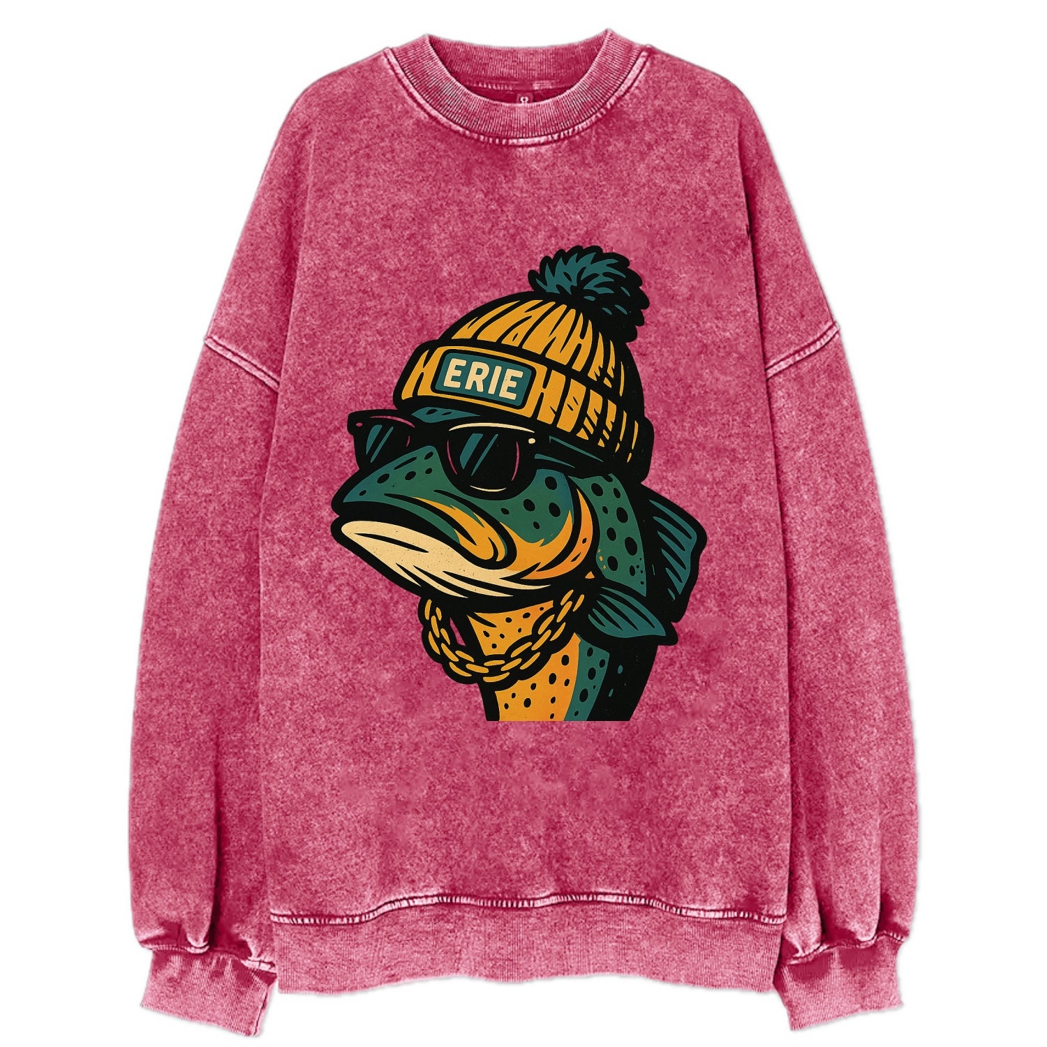 Erie Lake Trout wearing Erie beanie with pom pom and wayfarer sunglasses - Vintage Sweatshirt - Pink