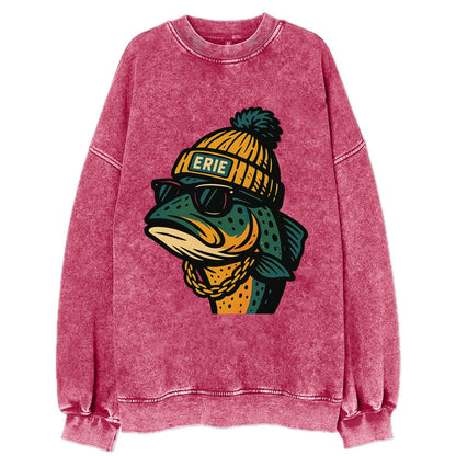 Erie Lake Trout wearing Erie beanie with pom pom and wayfarer sunglasses - Vintage Sweatshirt - Pink