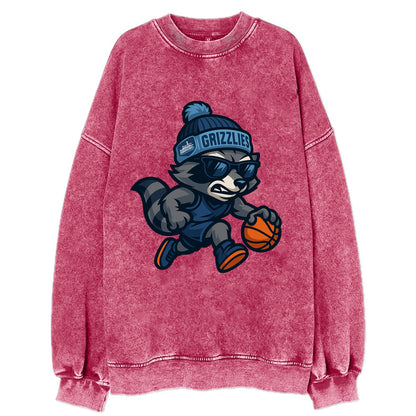Memphis Raccoon wearing Grizzlies beanie with riverboat patch and wayfarer - Vintage Sweatshirt - Pink