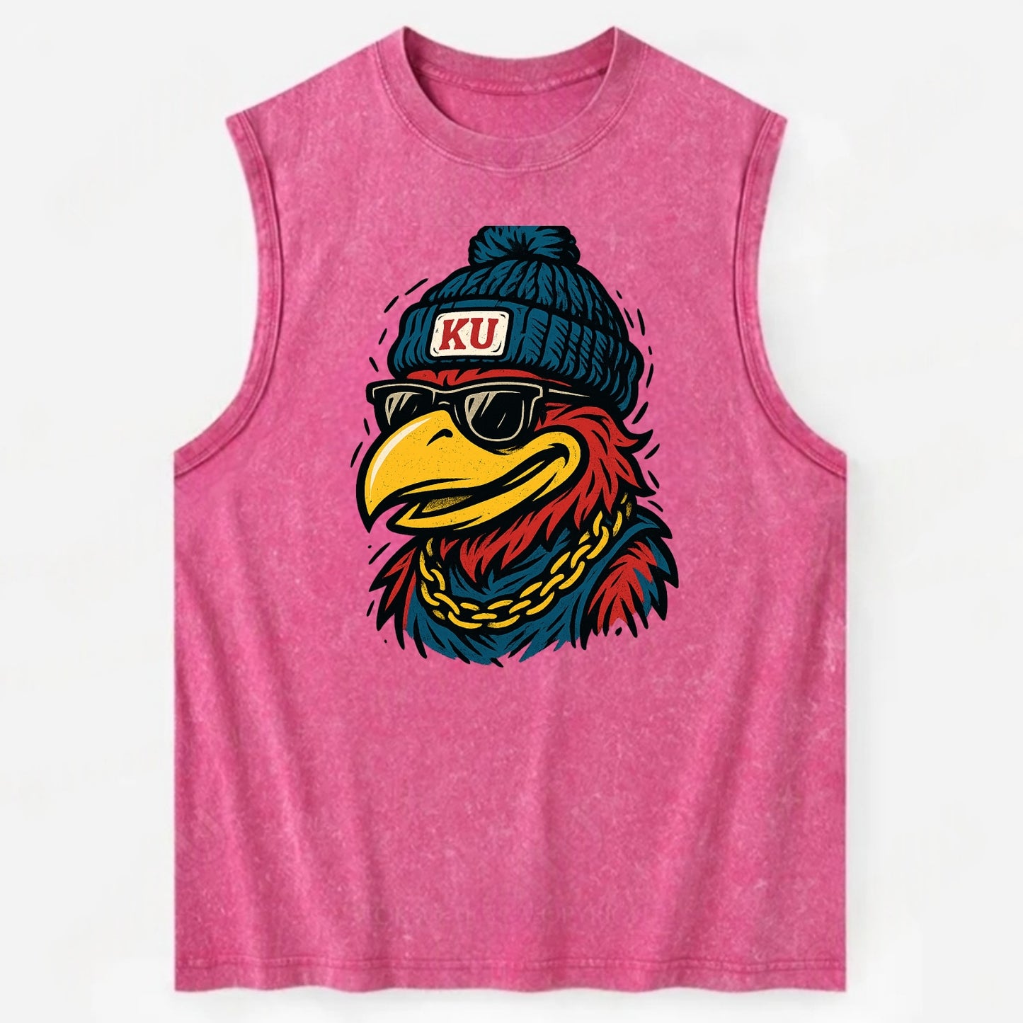 Lawrence Jayhawk wearing Kansas beanie with KU patch - Vintage Washed Tank - Pink