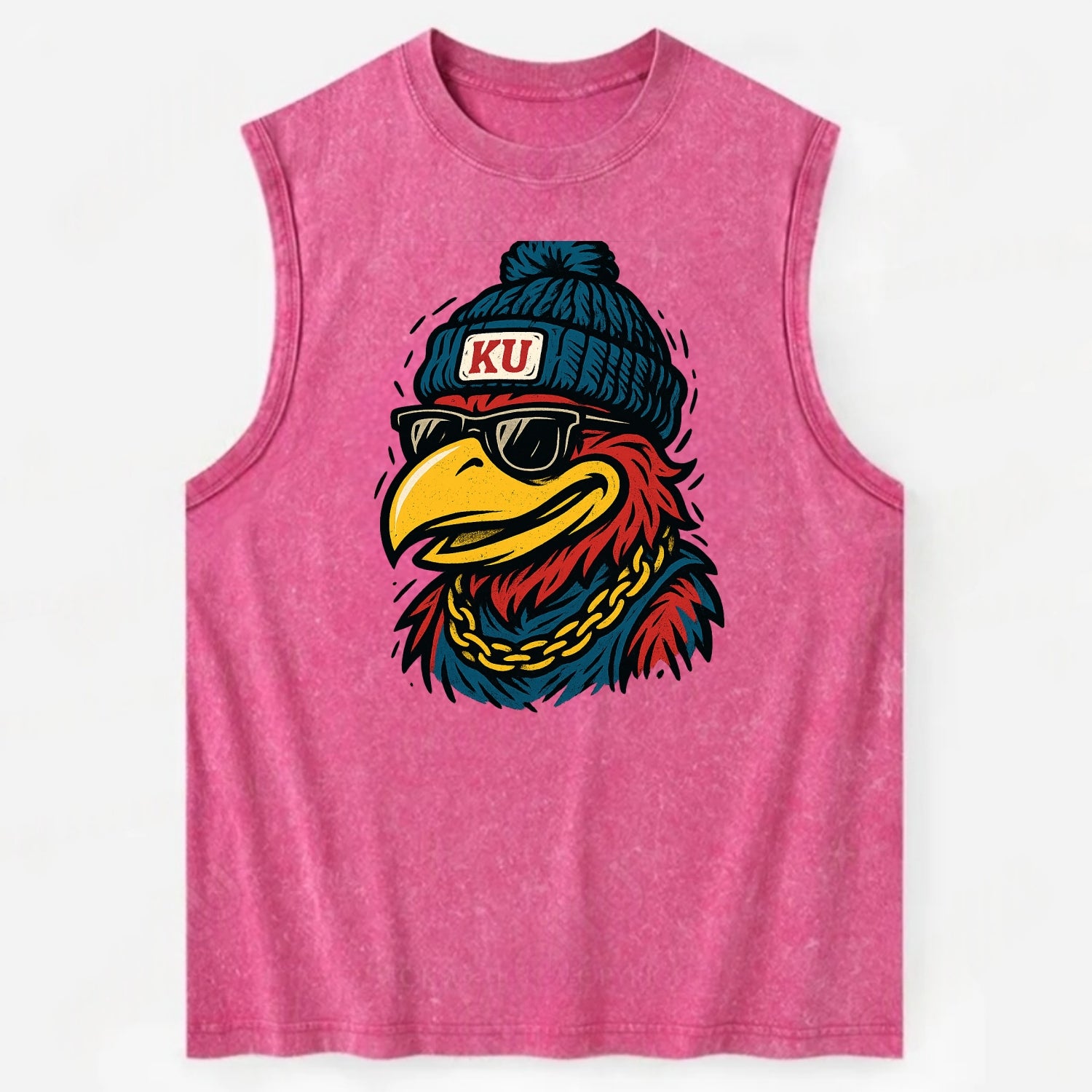 Lawrence Jayhawk wearing Kansas beanie with KU patch - Vintage Washed Tank - Pink