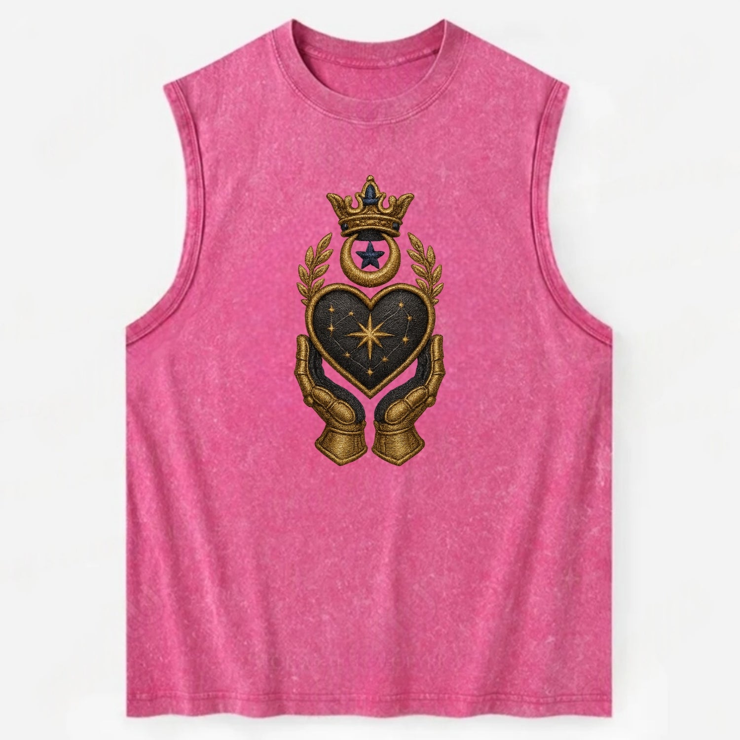 Crowned heart with Art Deco sunburst crown and geometric filigree hands - Vintage Washed Tank - Pink