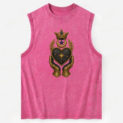 Crowned heart with Art Deco sunburst crown and geometric filigree hands - Vintage Washed Tank - Pink