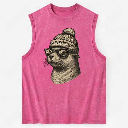 San Francisco Sea Lion wearing San Francisco beanie with pom pom and wayfarer - Vintage Washed Tank - Pink