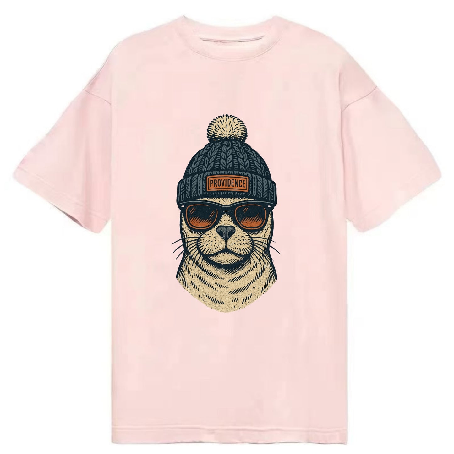 Rhode Island Harbor Seal wearing Providence beanie with pom pom and wayfarer - Classic T-shirt - Pink