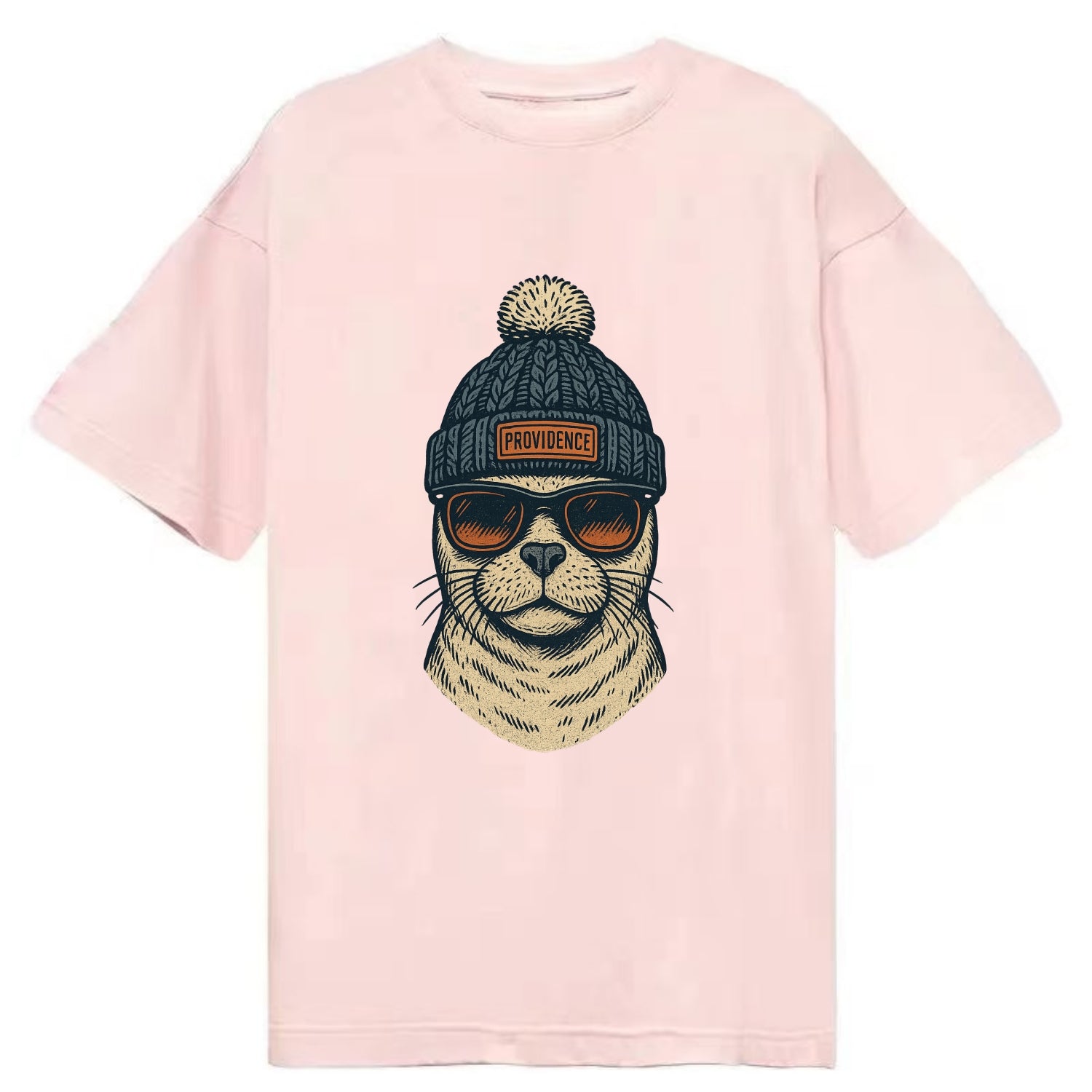 Rhode Island Harbor Seal wearing Providence beanie with pom pom and wayfarer - Classic T-shirt - Pink