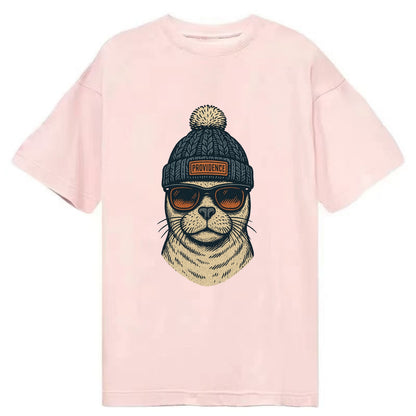 Rhode Island Harbor Seal wearing Providence beanie with pom pom and wayfarer - Classic T-shirt - Pink