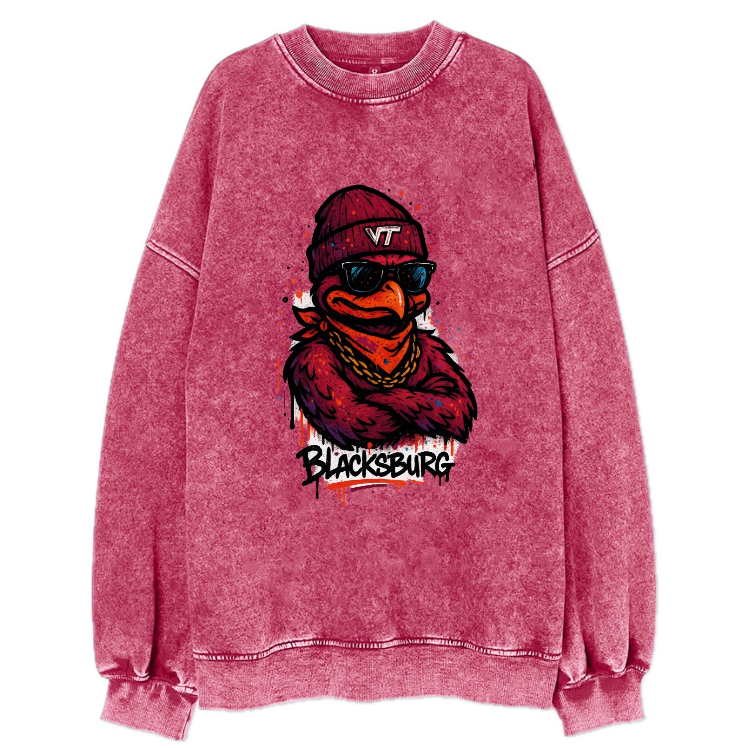 Blacksburg HokieBird wearing Virginia Tech beanie with VT patch - Vintage Sweatshirt - Pink