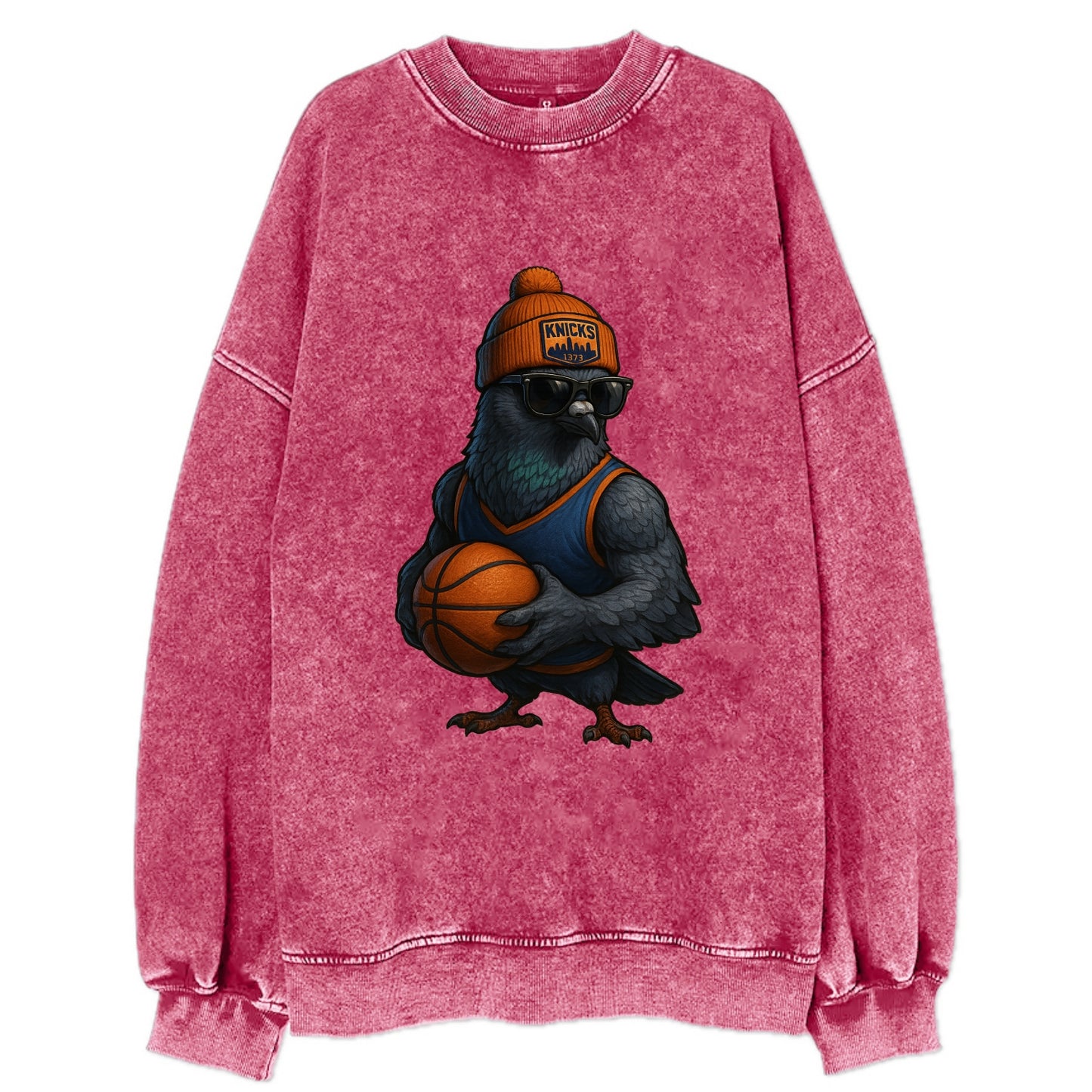 Manhattan Pigeon wearing Knicks beanie with skyline patch and wayfarer - Vintage Sweatshirt - Pink