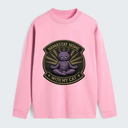 NAMASTAY HOME WITH MY CAT - yoga cat in purple , introvert cat - Classic Long Sleeve Shirt - Pink