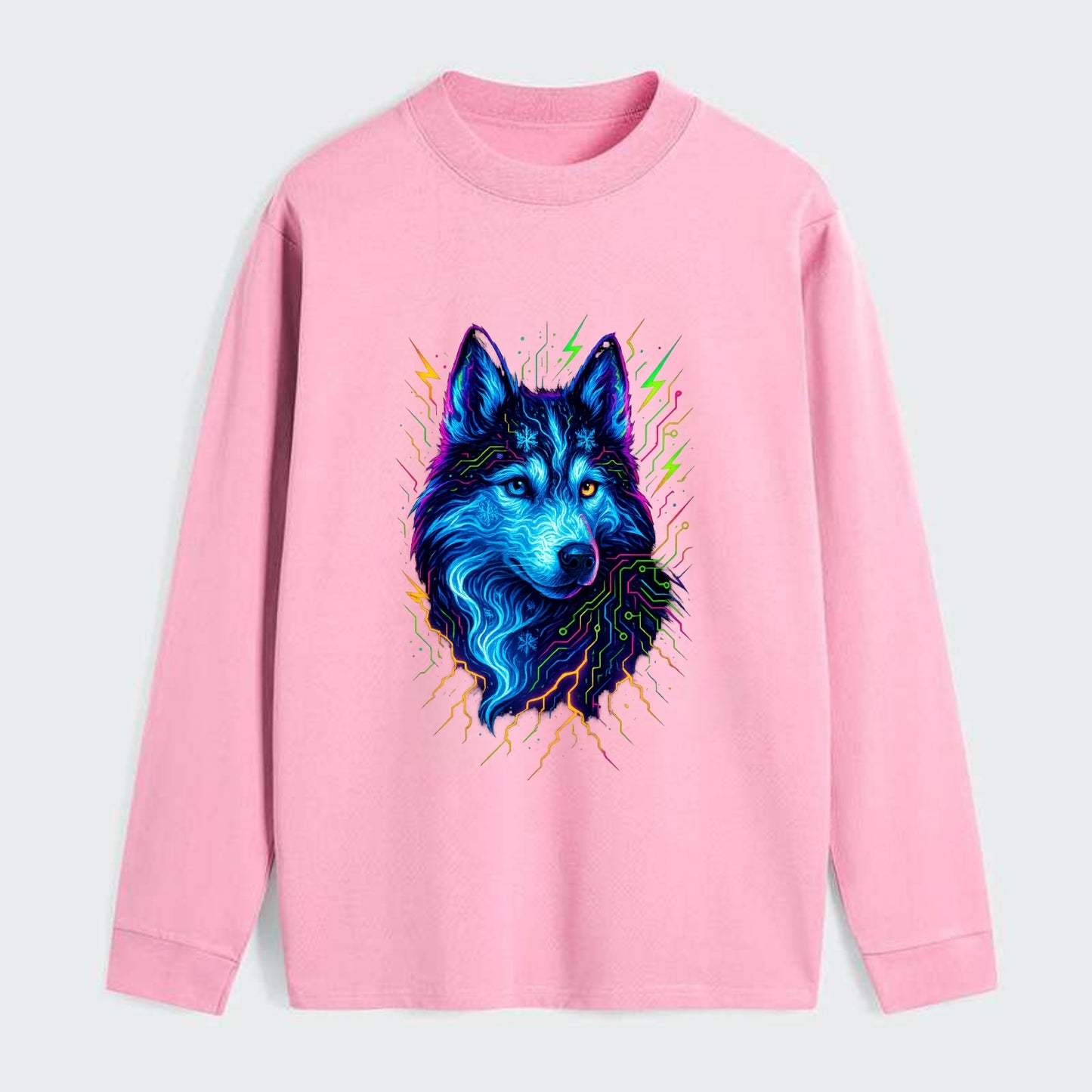 Siberian husky with ice-crystal flowing patterns, electric blue and - Classic Long Sleeve Shirt - Pink