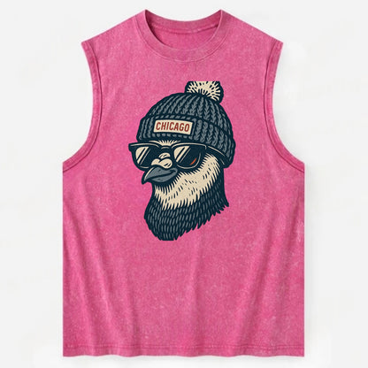 Chicago Pigeon wearing Chicago beanie with pom pom and wayfarer sunglasses - Vintage Washed Tank - Pink