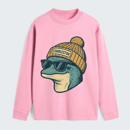 Charleston Dolphin wearing Charleston beanie with pom pom and wayfarer - Classic Long Sleeve Shirt - Pink
