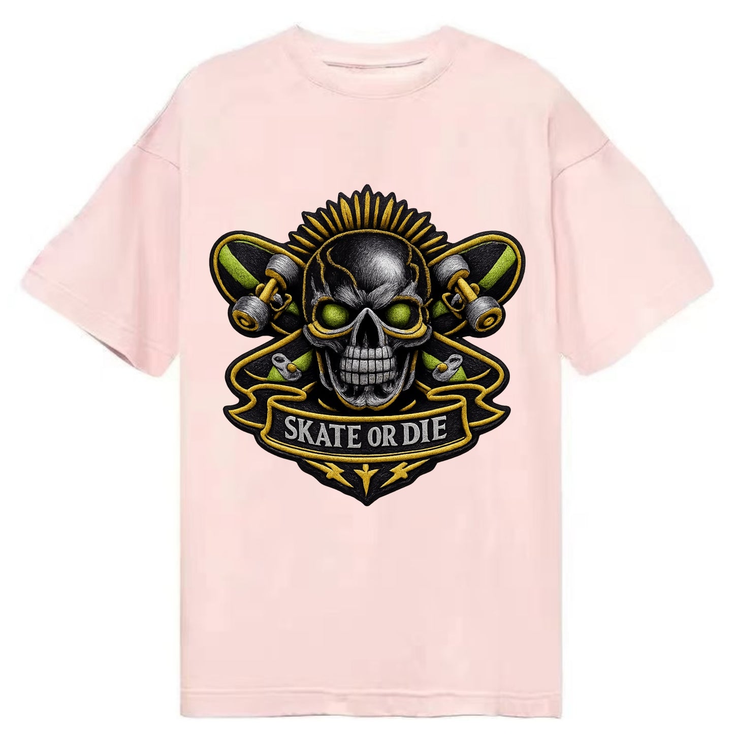 Embroidered patch design - SKATEBOARD SKULL - skull with skateboard in black and - Classic T-shirt - Pink
