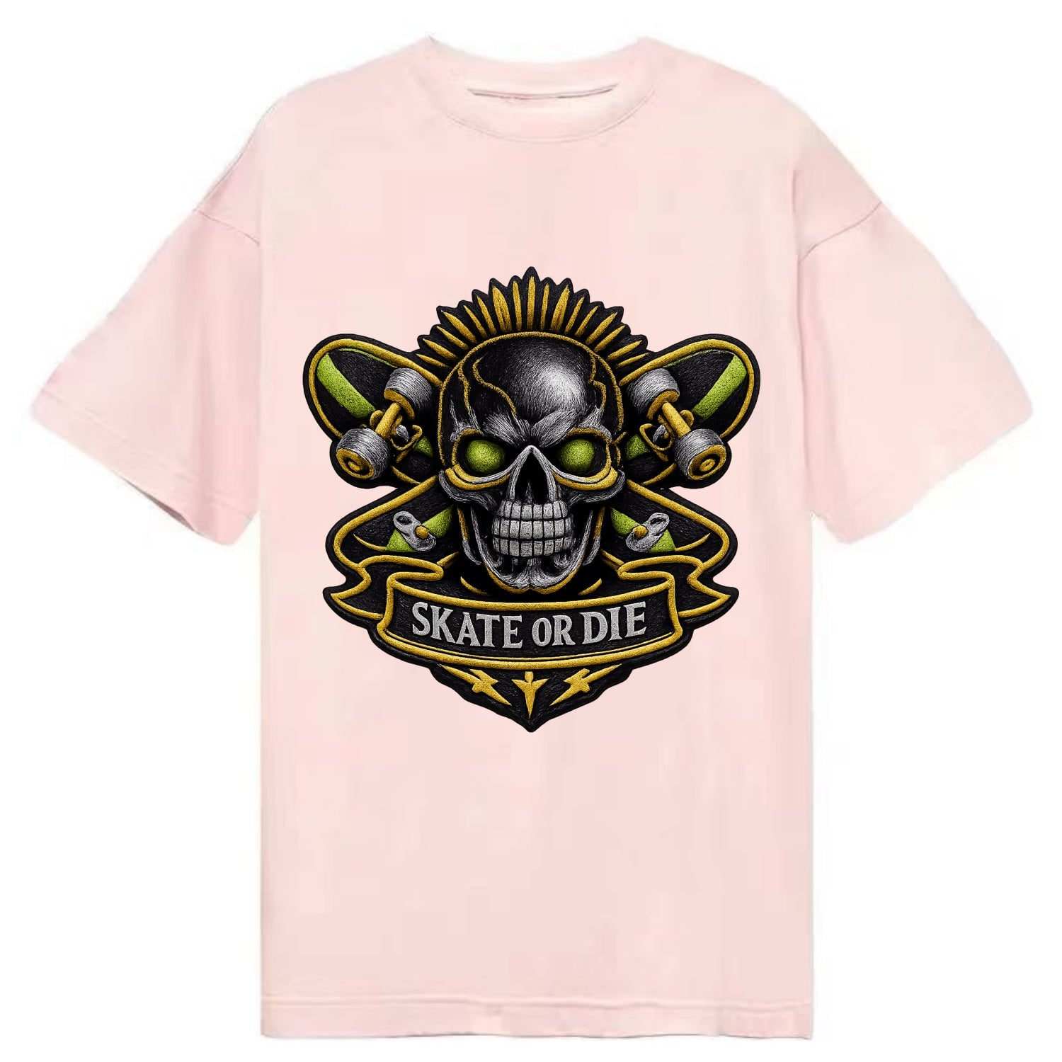 Embroidered patch design - SKATEBOARD SKULL - skull with skateboard in black and - Classic T-shirt - Pink