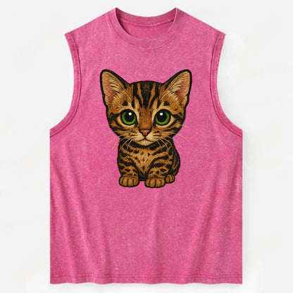 Baby Bengal Kitten - spotted/marbled wild coat, green eyes, athletic build, - Vintage Washed Tank - Pink
