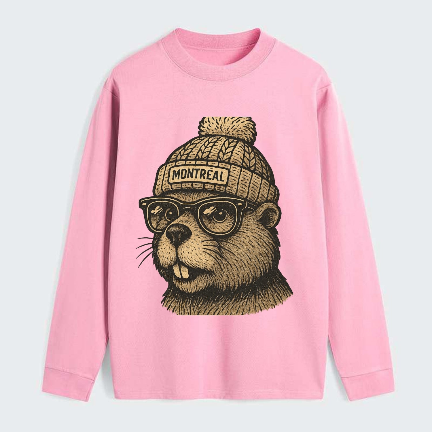 Montreal Beaver wearing Montreal beanie with pom pom and wayfarer - Classic Long Sleeve Shirt - Pink