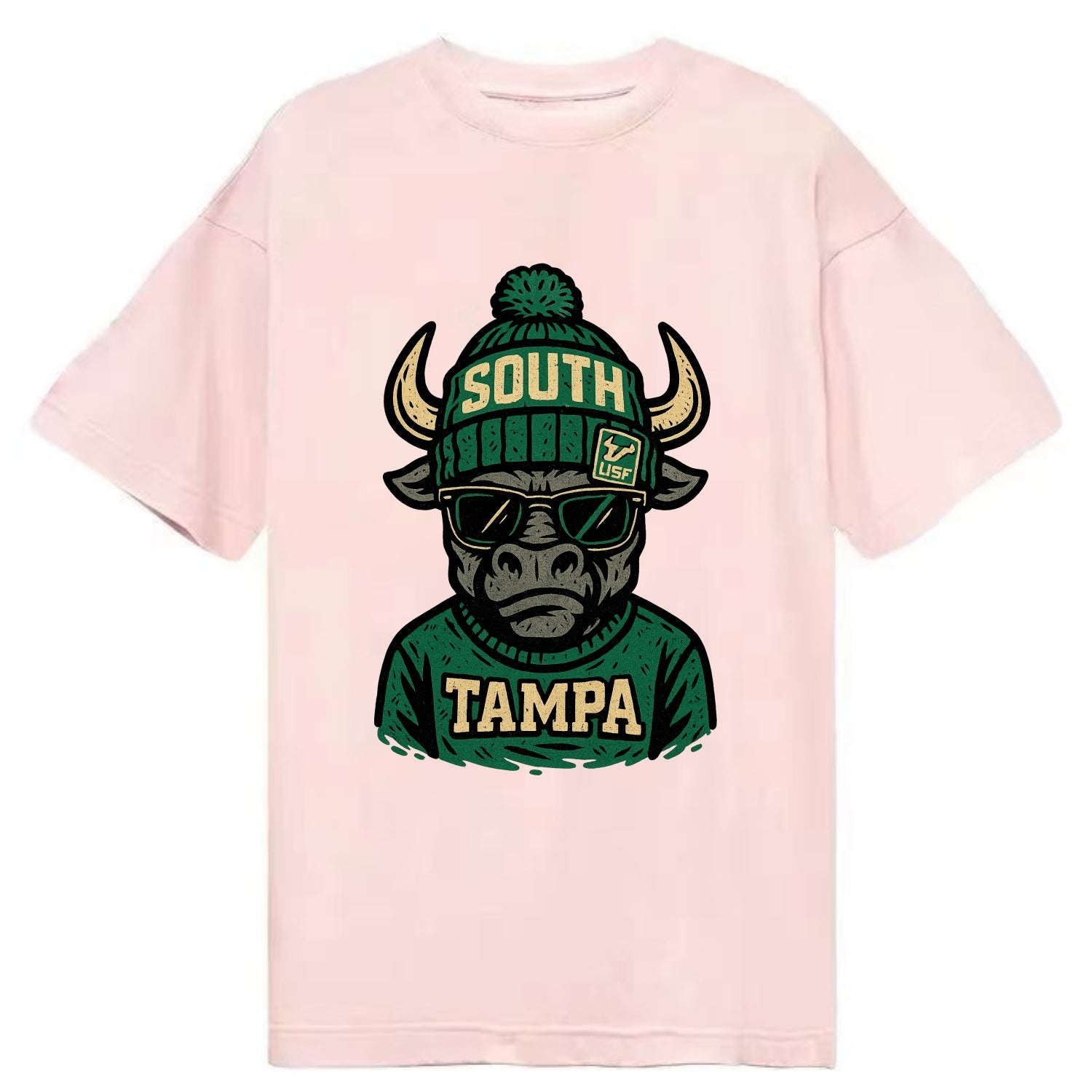 Tampa Bull wearing South Florida beanie with USF patch - Classic T-shirt - Pink
