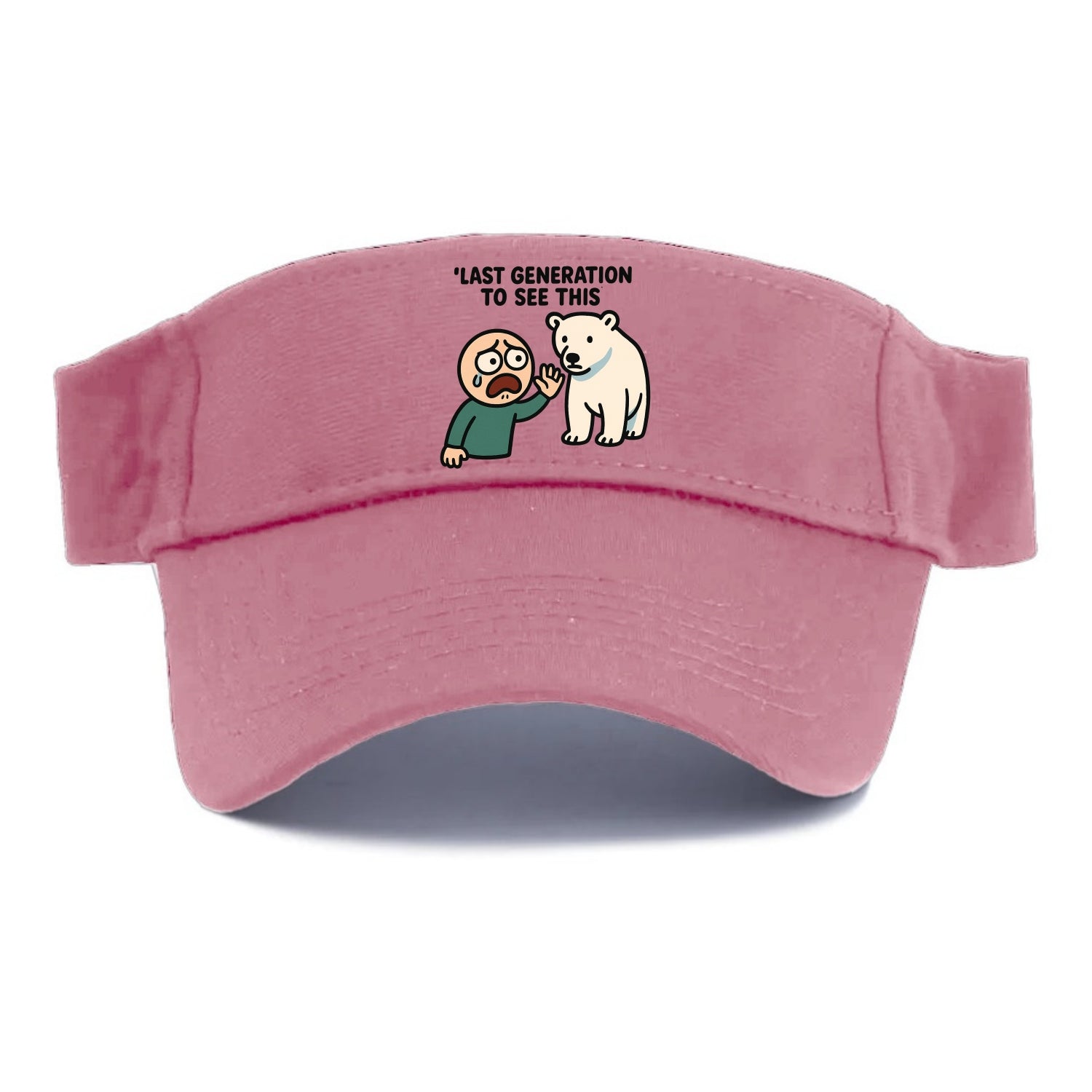 Person waving goodbye to polar bear - "Last generation to see this" - extinction grief - Visor - Pink