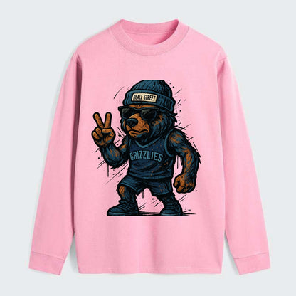 Memphis Grizzly Bear wearing Grizzlies navy and light blue beanie with - Classic Long Sleeve Shirt - Pink