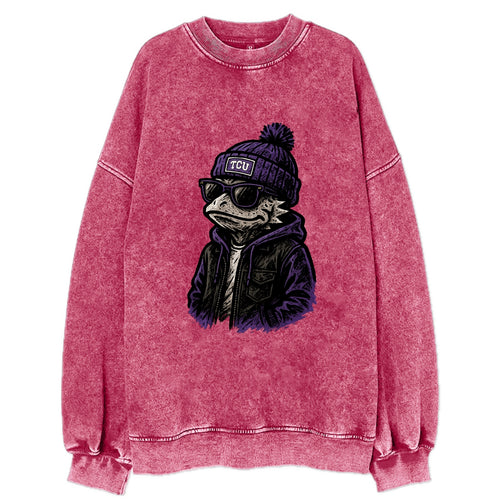 Fort Worth Frog wearing TCU beanie with horned patch - Vintage Sweatshirt
