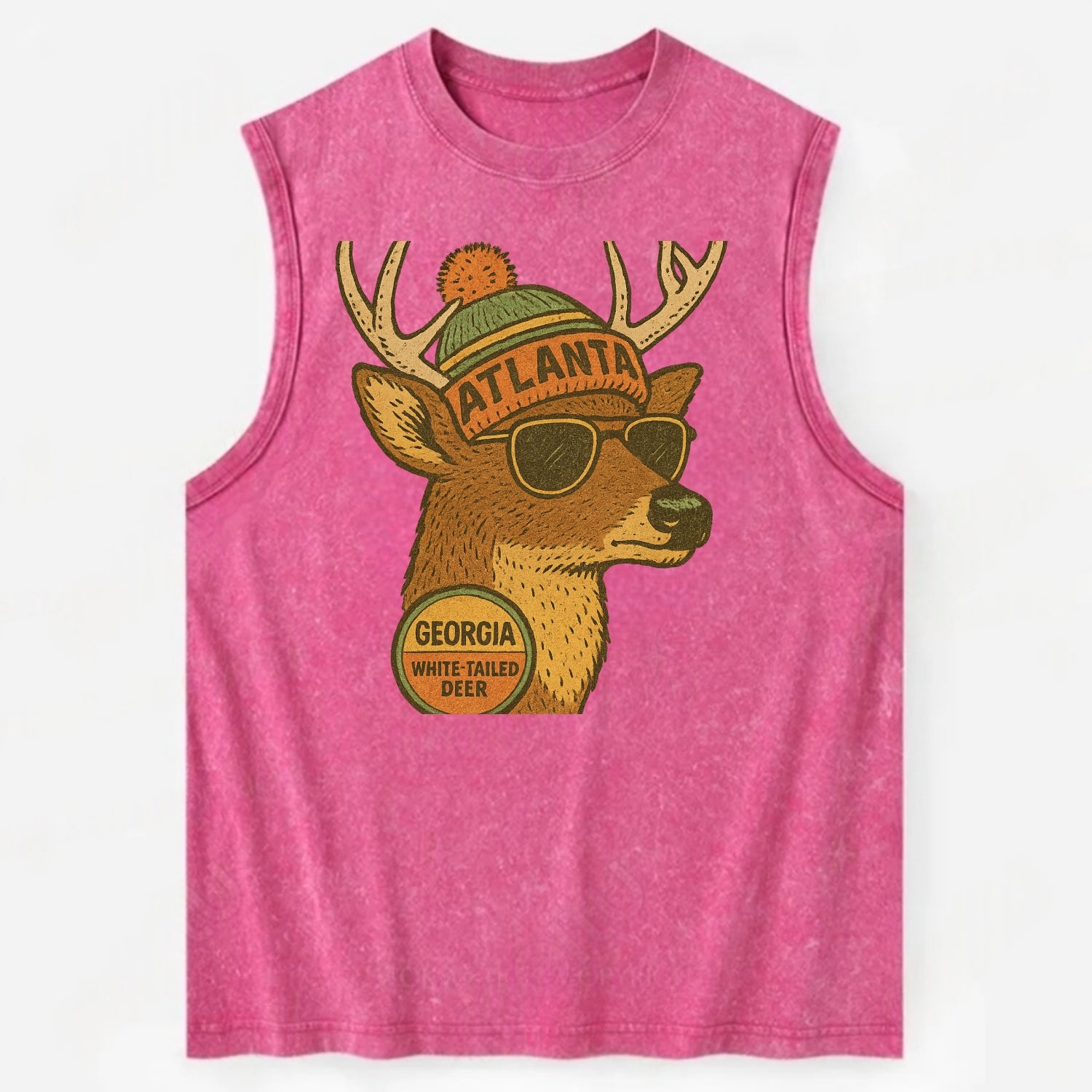 Georgia White-tailed Deer wearing Atlanta beanie with pom pom and wayfarer - Vintage Washed Tank - Pink