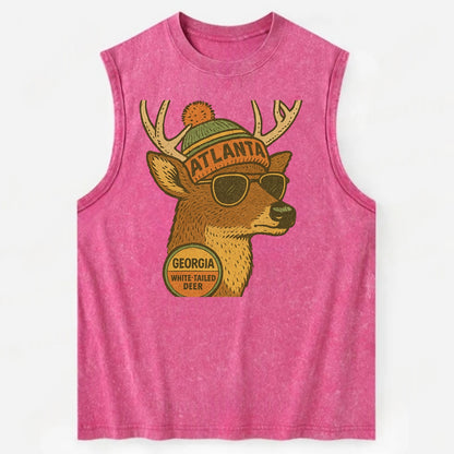 Georgia White-tailed Deer wearing Atlanta beanie with pom pom and wayfarer - Vintage Washed Tank - Pink