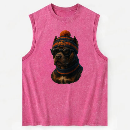 Chicago Pitbull wearing Bears beanie with skyline patch and wayfarer - Vintage Washed Tank - Pink