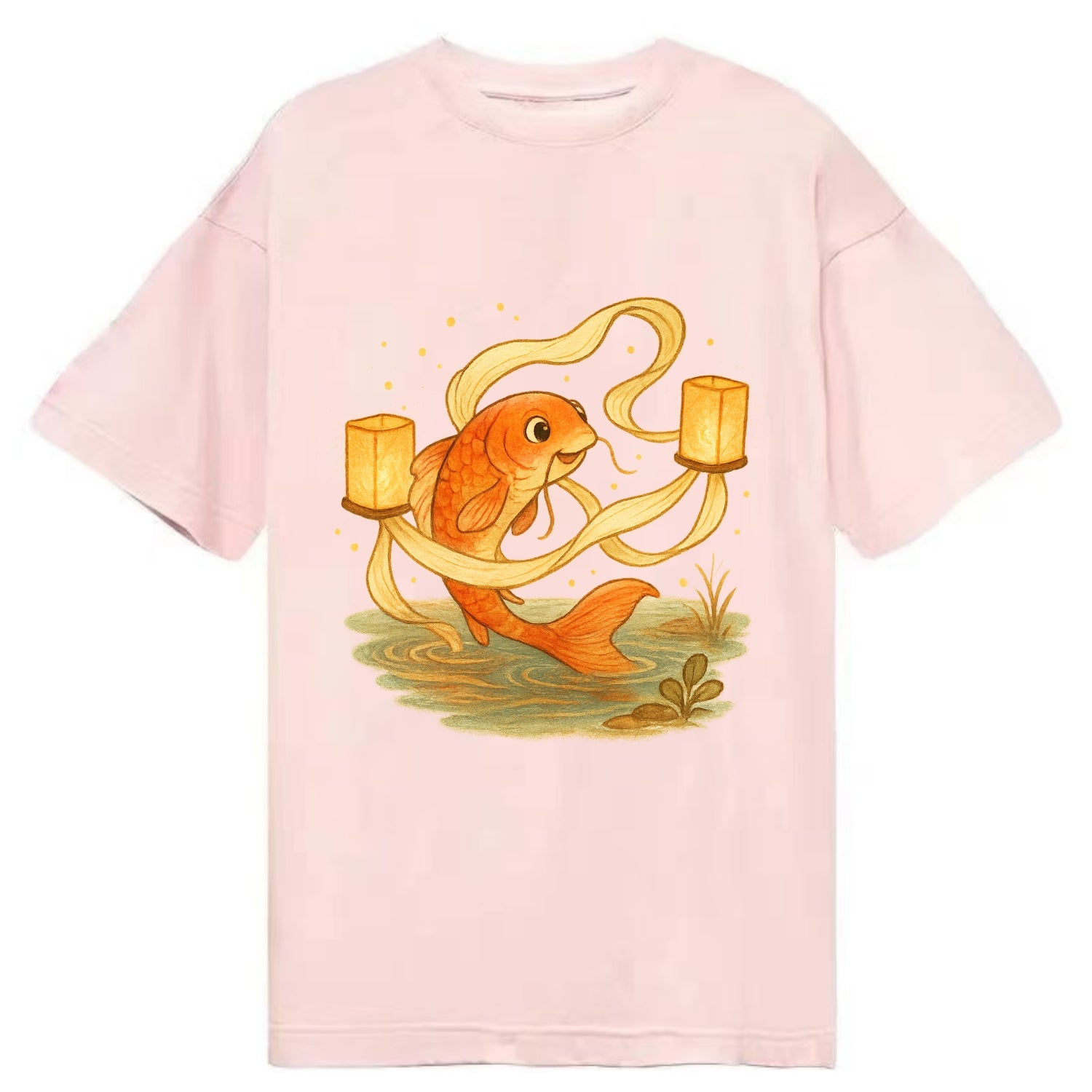 Koi weaving silk streamers through floating lanterns on tranquil water - Classic T-shirt - Pink