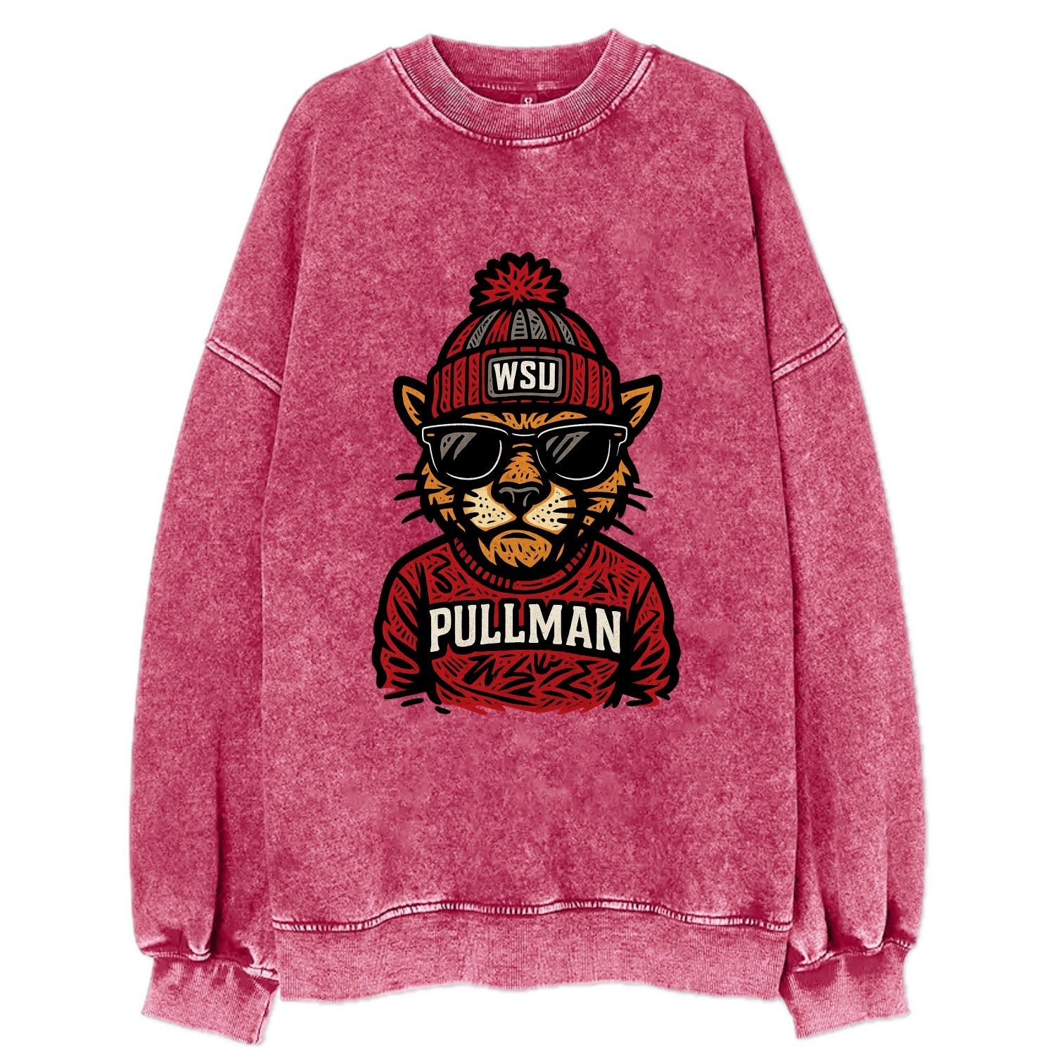 Pullman Cougar wearing Washington State beanie with WSU patch - Vintage Sweatshirt - Pink