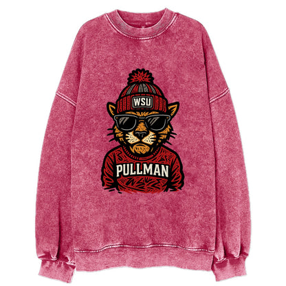 Pullman Cougar wearing Washington State beanie with WSU patch - Vintage Sweatshirt - Pink