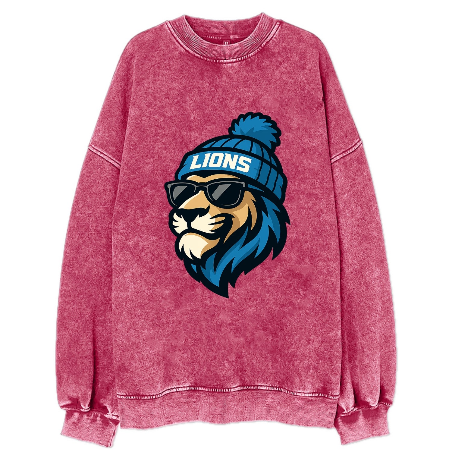 Detroit Lion wearing Lions Honolulu blue and silver beanie with pom pom and - Vintage Sweatshirt - Pink