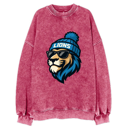 Detroit Lion wearing Lions Honolulu blue and silver beanie with pom pom and - Vintage Sweatshirt - Pink