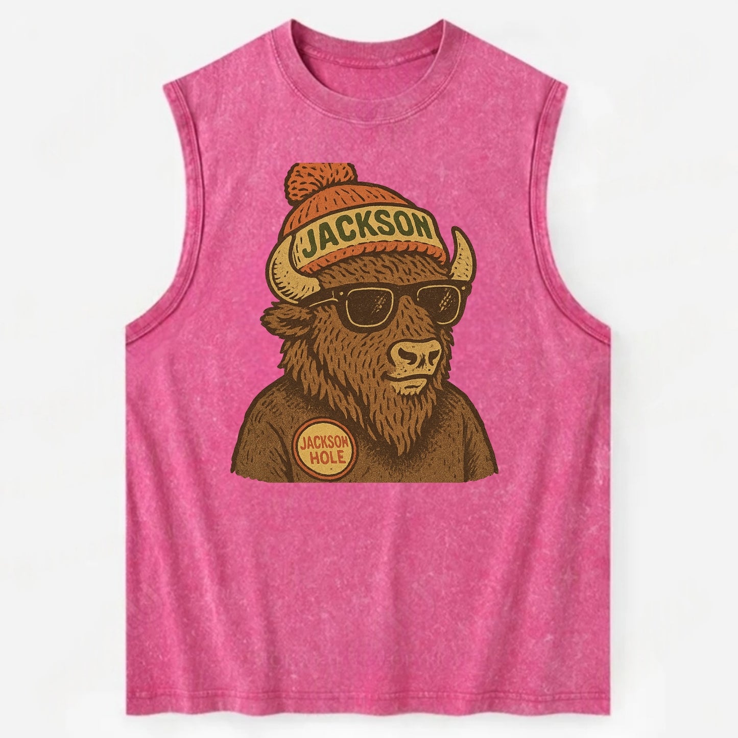 Jackson Hole Bison wearing Jackson beanie with pom pom and wayfarer sunglasses - Vintage Washed Tank - Pink