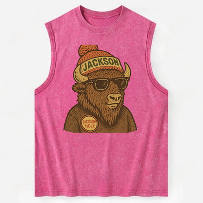 Jackson Hole Bison wearing Jackson beanie with pom pom and wayfarer sunglasses - Vintage Washed Tank - Pink